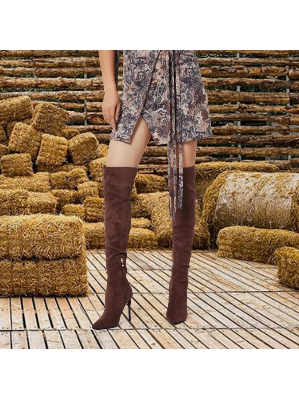 🆕 Women's Faux Suede Brown Over The Knee Boot Stiletto Pointed Toe High Heel